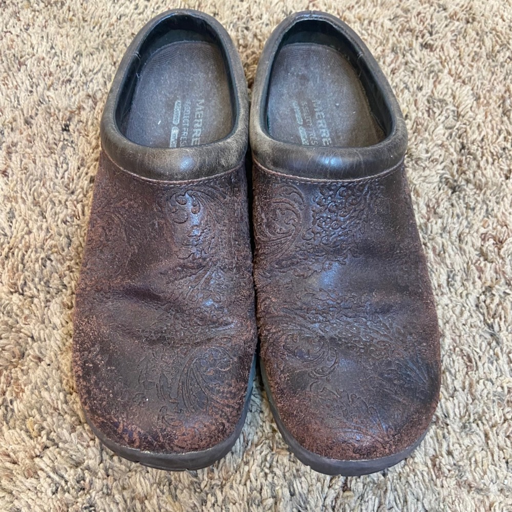 Merrell Encore Paisley Brown Leather Embossed Clogs Womens 9 Slip On Shoes READ